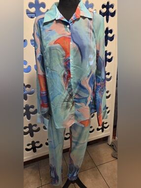 Abstract Watercolor Button-Up Set in Aqua & Coral